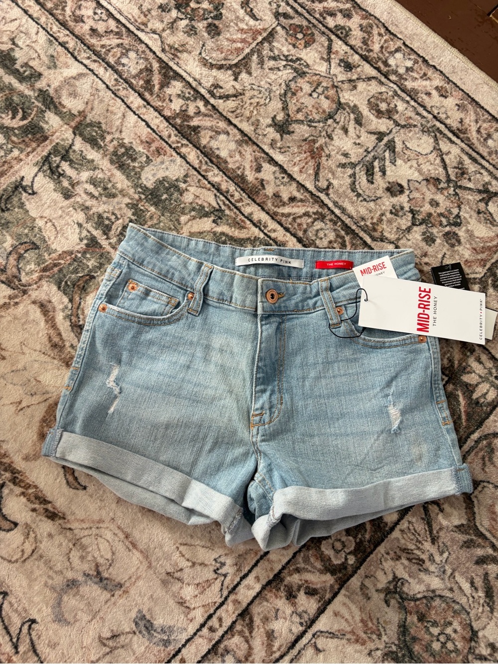Celebrity Pink Mid-Rise Light Blue Denim Roll-Cuff Shorts NWT 7/28